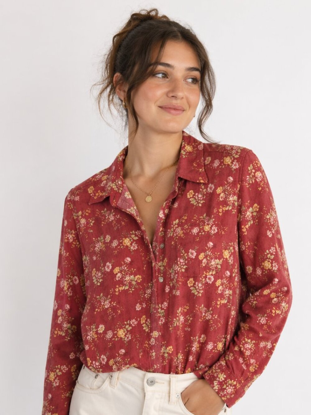 L.L. Bean Women's Rose Floral Button Down Corduroy Shirt, Med, 100% Cotton